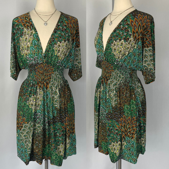 Y2K Mini Dress Green Geometric Print Babydoll Fairy Grunge Stretch Casual Boho - Picture 1 of 14